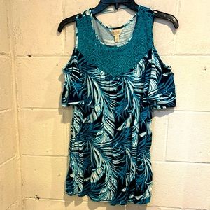 Greige cold shoulder sheath dress blue tropical palms